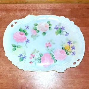 Vintage Reticulated Oval Tray Hand Painted by A.Smith Pink Roses,Purple Violets